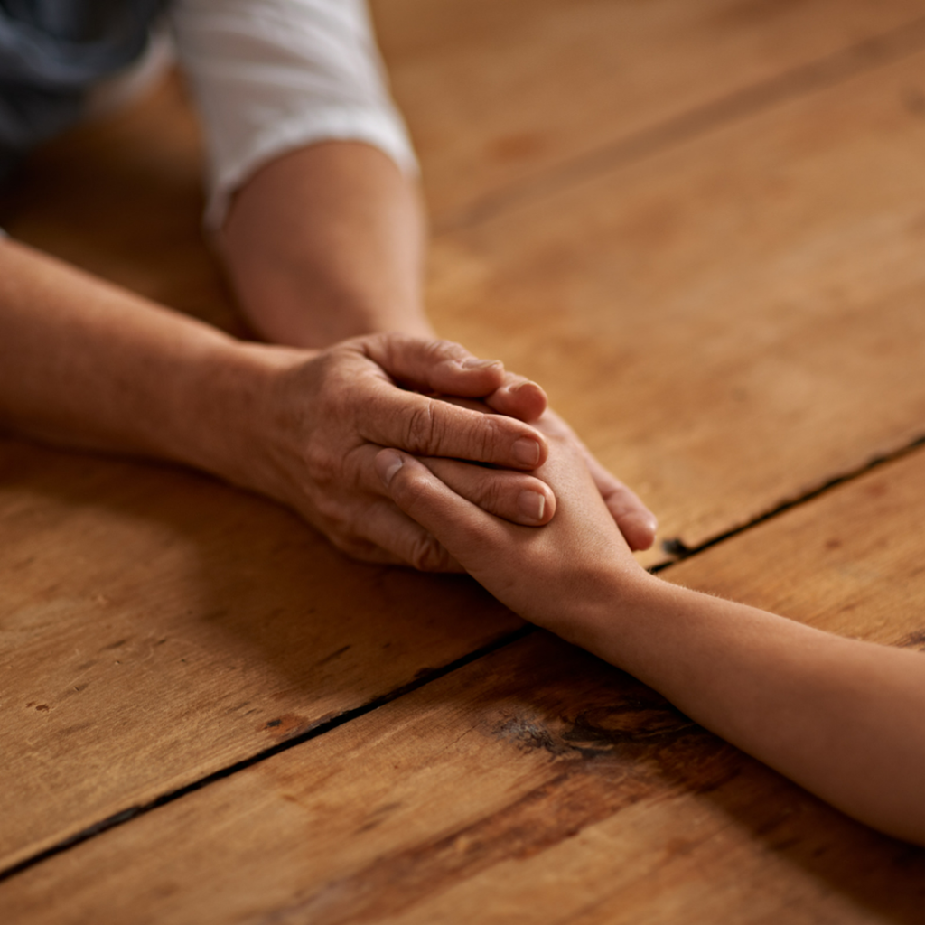 Cours Compassion
Thom bond 
en français
Des mains qui se tiennent sur une table en bois
